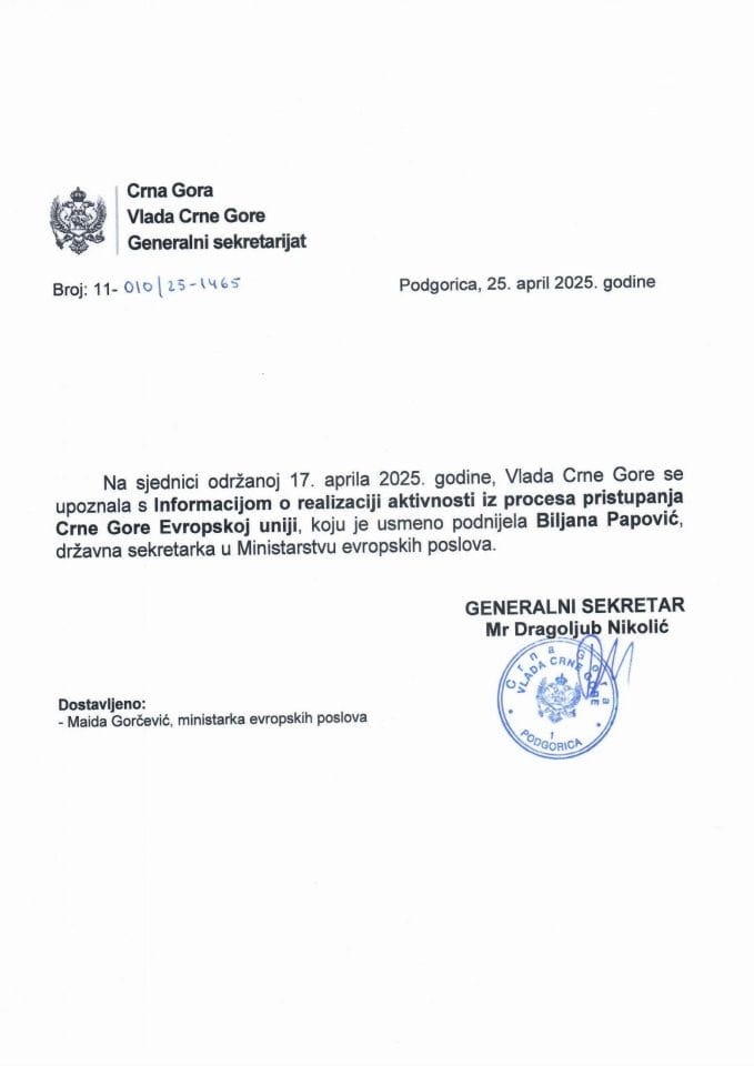 Usmena informacija o realizaciji aktivnosti iz procesa pristupanja Crne Gore  Evropskoj uniji - zaključci