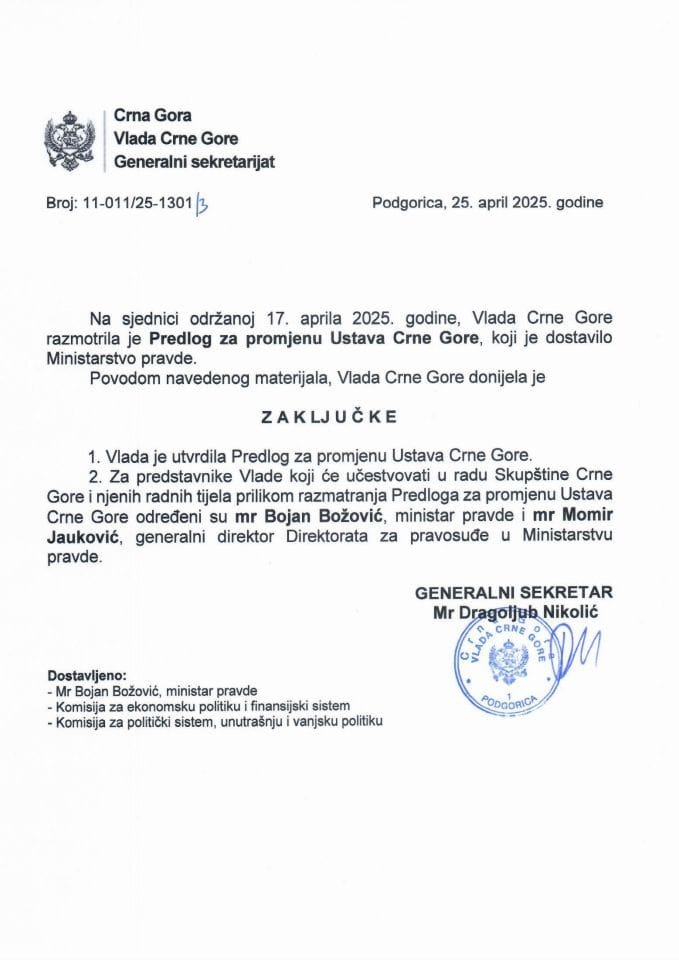 Предлог за промјену Устава Црне Горе - закључци