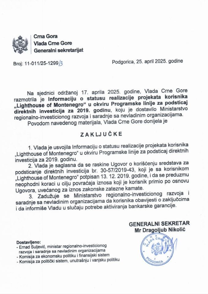 Информација о статусу реализације пројеката корисника „Lighthouse of Montenegro“, у оквиру Програмске линије за подстицај директних инвестиција за 2019. годину - закључци