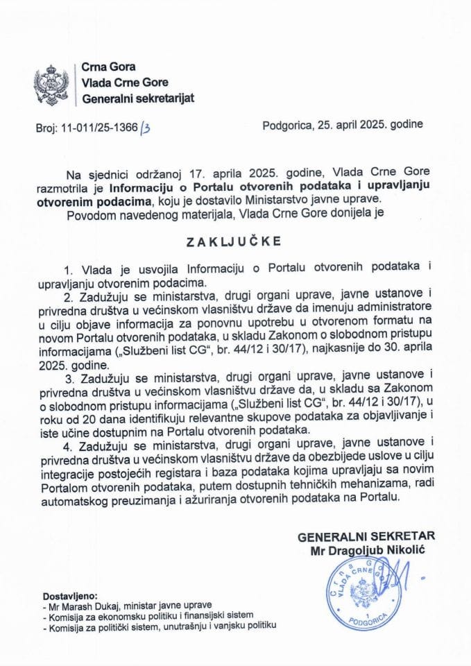 Informacija o Portalu otvorenih podataka i upravljanju otvorenim podacima - zaključci