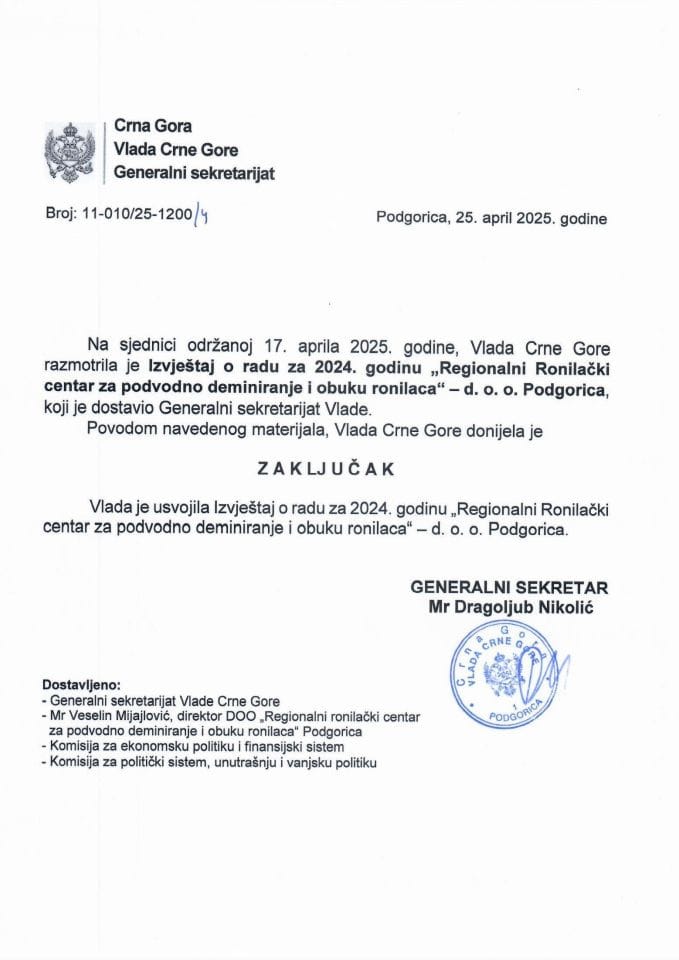 Izvještaj o radu za 2024. godinu „Regionalni Ronilački centar za podvodno deminiranje i obuku ronilaca“ - d.o.o. Podgorica - zaključci