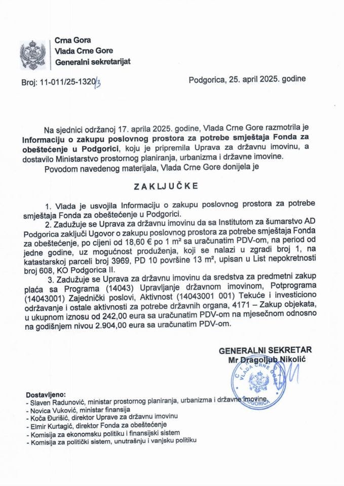 Informacija o zakupu poslovnog prostora za potrebe smještaja Fonda za obeštećenje u Podgorici - zaključci