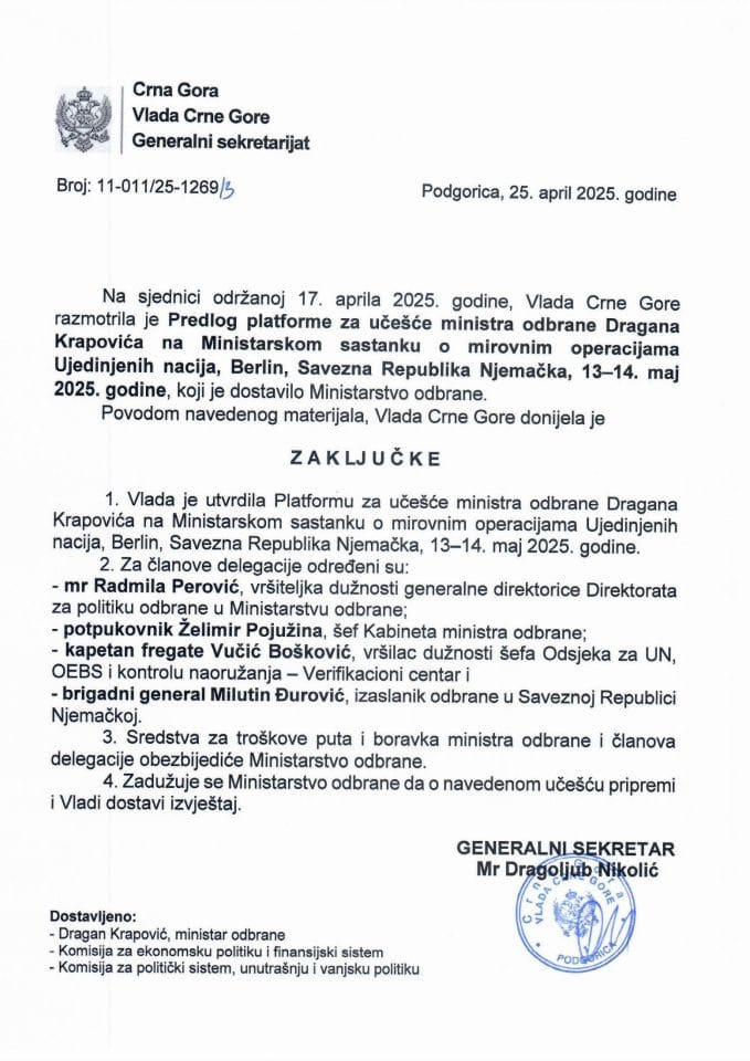 Predlog platforme za učešće ministra odbrane Dragana Krapovića na Ministarskom sastanku o mirovnim operacijama Ujedinjenih nacija, Berlin, Savezna Republika Njemačka, 13-14. maj 2025. godine - zaključci