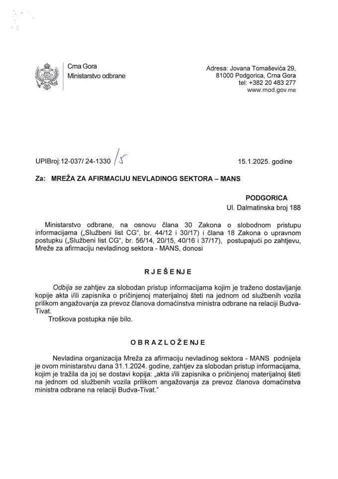 Rješenje UP I bro: 12-037/24- 1330/5