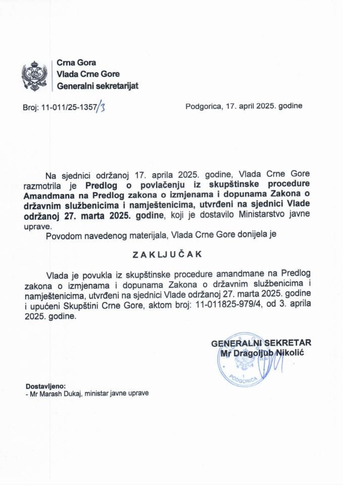 Predlog o povlačenju iz skupštinske procedure Amandmana Vlade Crne Gore na Predlog zakona o izmjenama i dopunama Zakona o državnim službenicima i namještenicima - zaključci