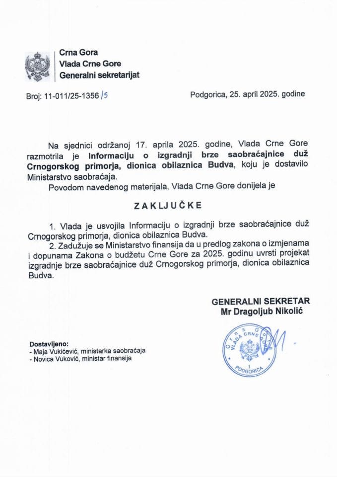 Информација о изградњи брзе саобраћајнице дуж Црногорског приморја, дионица обилазница Будва - закључци