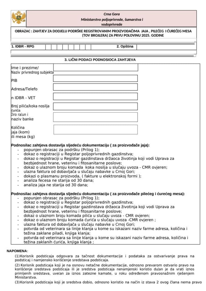 Obrazac za prijavu proizvođača jaja, pilećeg ćurećeg mesa za - I-POLOVINU