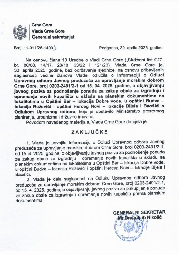 Informacija o Odluci Upravnog odbora Javnog preduzeća za upravljanje morskim dobrom CG o objavljivanju javnog poziva za podnošenje ponuda za zakup obale za izgradnju i opremanje novih kupališta u Opštini Bar - Zaključci