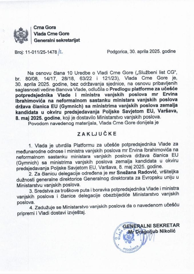 Predlog platforme za učešće potpredsjednika Vlade i ministra vanjskih poslova mr Ervina Ibrahimovića na neformalnom sastanku ministara vanjskih poslova država članica EU (Gymnich) sa ministrima vanjskih poslova zemalja kandidata -Zaključci