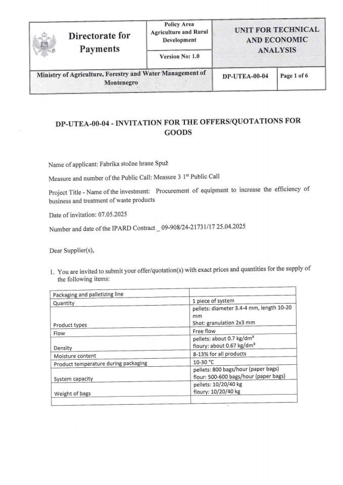 Invitation for the offers - Paacking and palletizing line