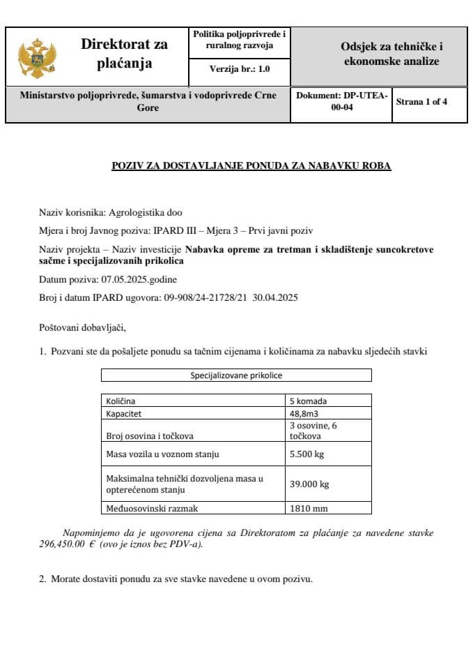 DP-UTEA-00-04 Poziv za dostavljanje ponuda za nabavku robe PRIKOLICE