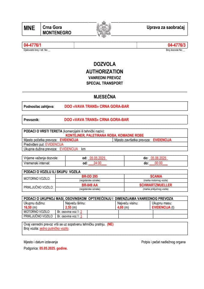 VAVA TRANS 04-4776-maj-mjesečna