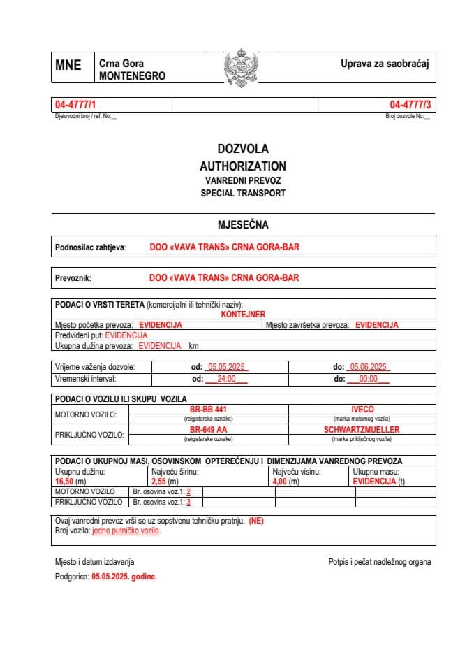 VAVA TRANS 04-4777-maj-mjesečna