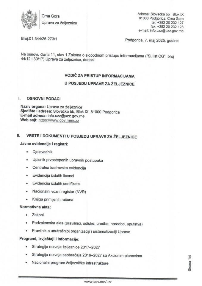 Vodič za slobodan pristup informacijama u posjedu Uprave za željeznice za 2025. godinu