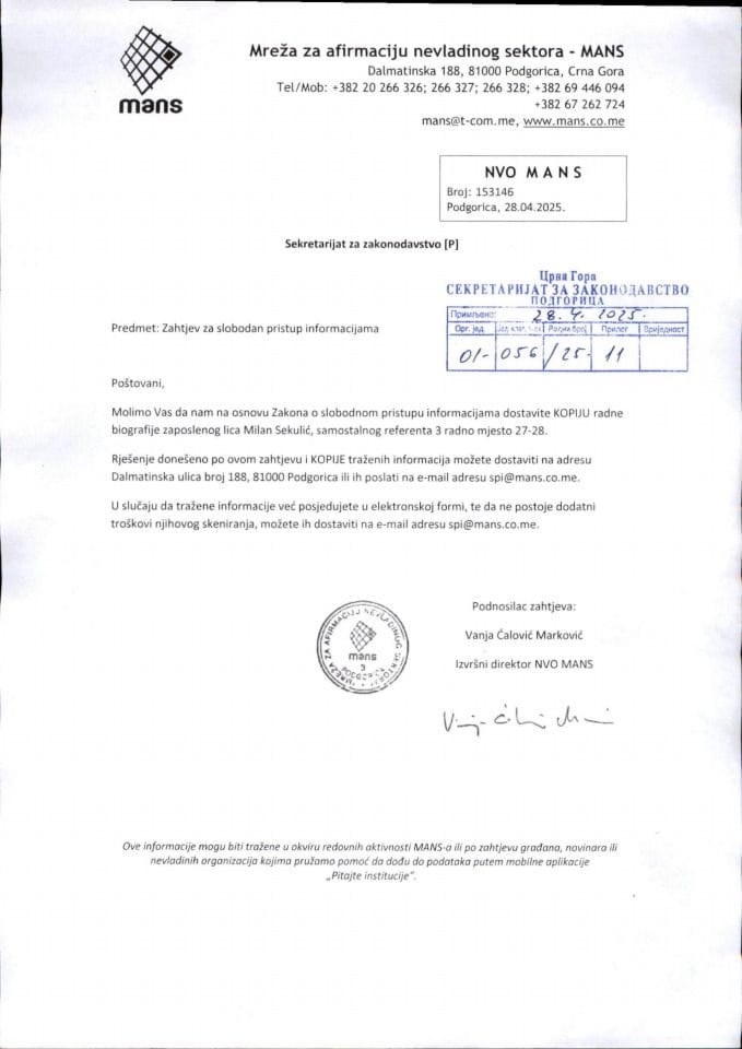 Obavještenje 01-056/25-11/5 i Rješenje 01-056/25-11/6 i informacije kojima je odobren pristup