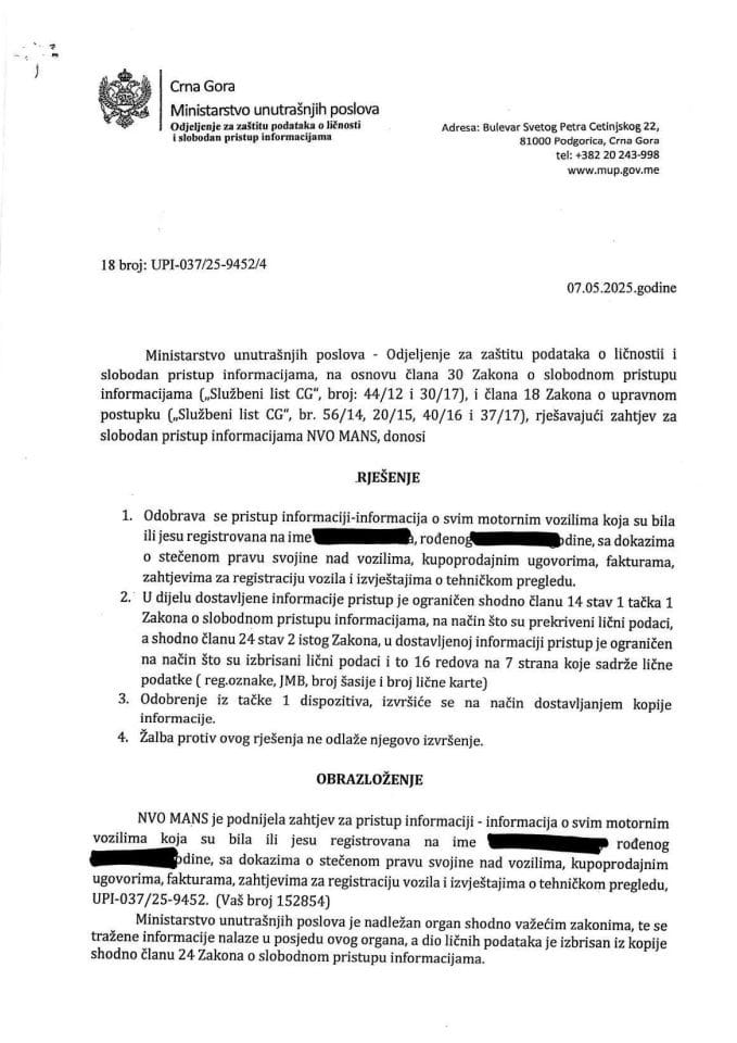 Rješenje br. 18-UPI-037/25-9452/4