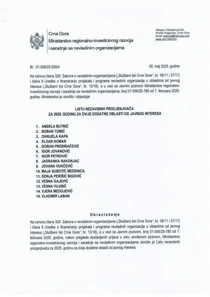 Lista nezavisnih procjenjivača za 2025. za dvije dodatne oblasti od javnog interesa