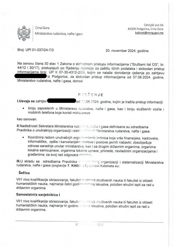 Rješenje UIP 01-037/24-7/3 o dostavljanju podataka po zahtjevu za slobodan pristup pristup informacijama