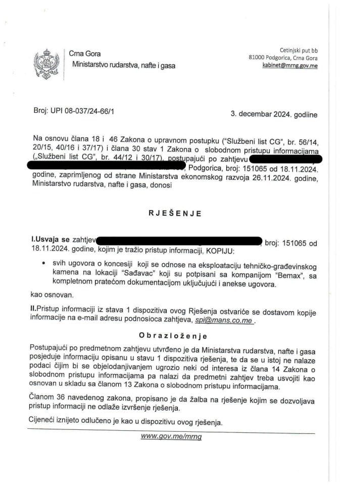 Rješenje UIP 01-037/24-66/1 o dostavljanju podataka po zahtjevu za slobodan pristup pristup informacijama