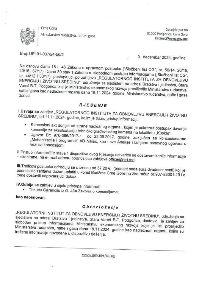 Rješenje UIP 01-037/24-56/2 o dostavljanju podataka po zahtjevu za slobodan pristup pristup informacijama RERI