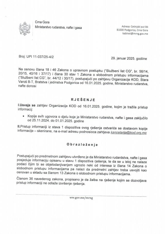 Rješenje UIP 11-037/25-4/2 o dostavljanju podataka po zahtjevu za slobodan pristup pristup informacijama po zahtjevu Organizacija KOD