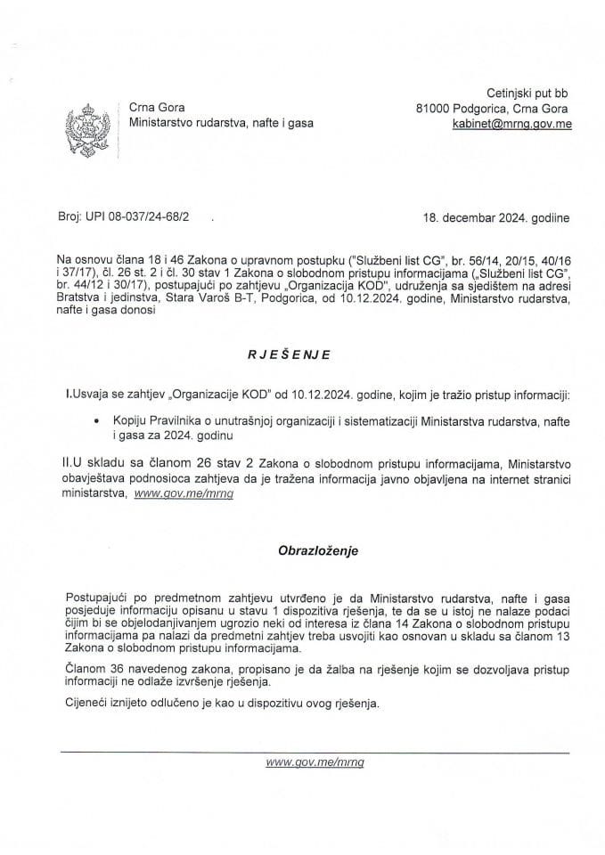 Rješenje UIP 01-037/24-68/2 o dostavljanju podataka po zahtjevu za slobodan pristup pristup informacijama