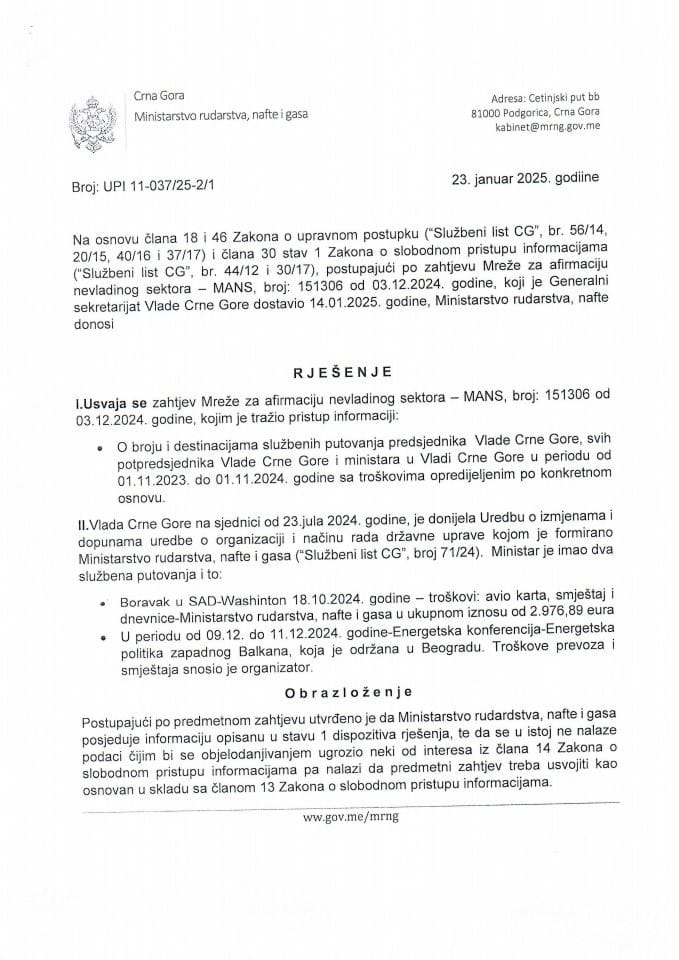 Rješenje UIP 11-037/25-2/1 o dostavljanju podataka po zahtjevu za slobodan pristup pristup informacijama po zahtjevu MANS