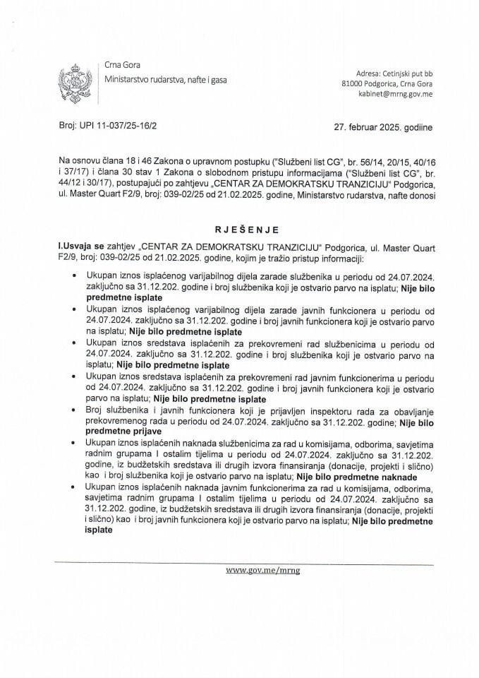 Rješenje UIP 11-037/25-16/2 o dostavljanju podataka po zahtjevu za slobodan pristup pristup informacijama po zahtjevu CDT