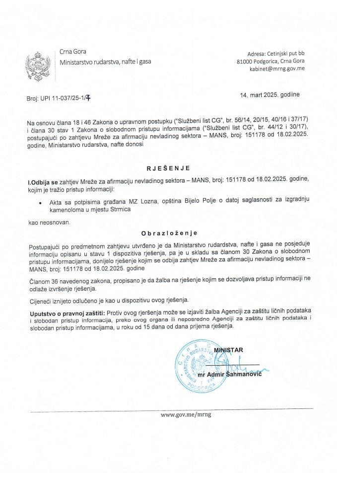 Rješenje UIP 11-037/25-1/7 o odbijanju podataka po zahtjevu za slobodan pristup pristup informacijama po zahtjevu MANS