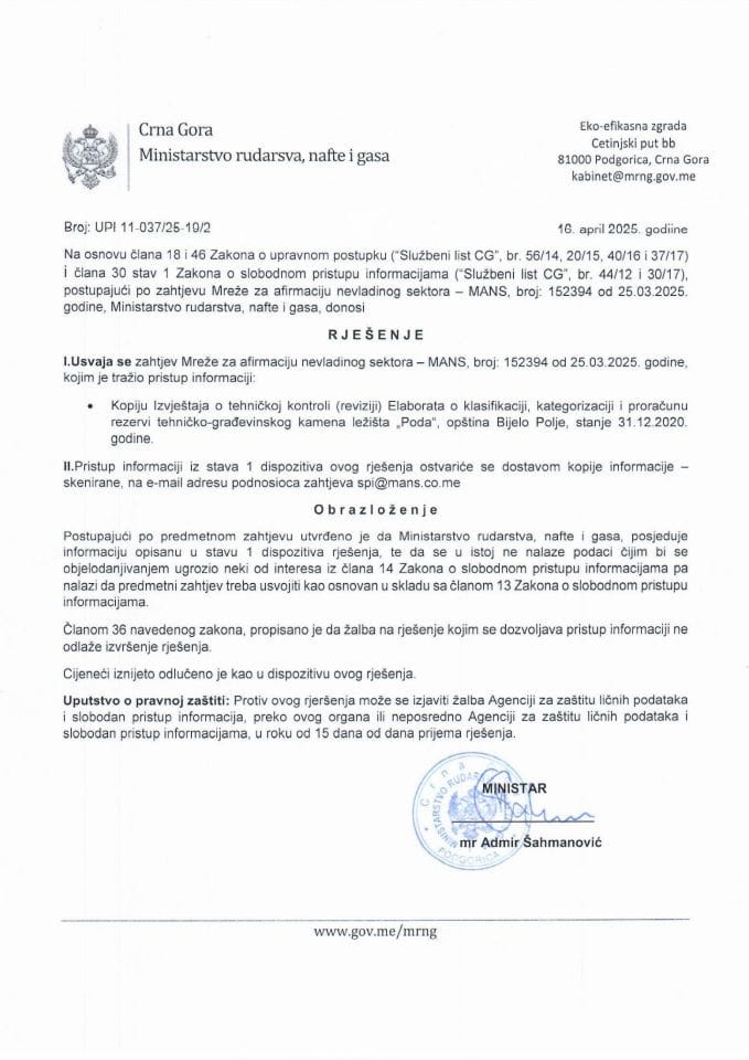 Rješenje UIP 11-037/25-19/2 o dostavljanju podataka po zahtjevu za slobodan pristup pristup informacijama po zahtjevu MANS