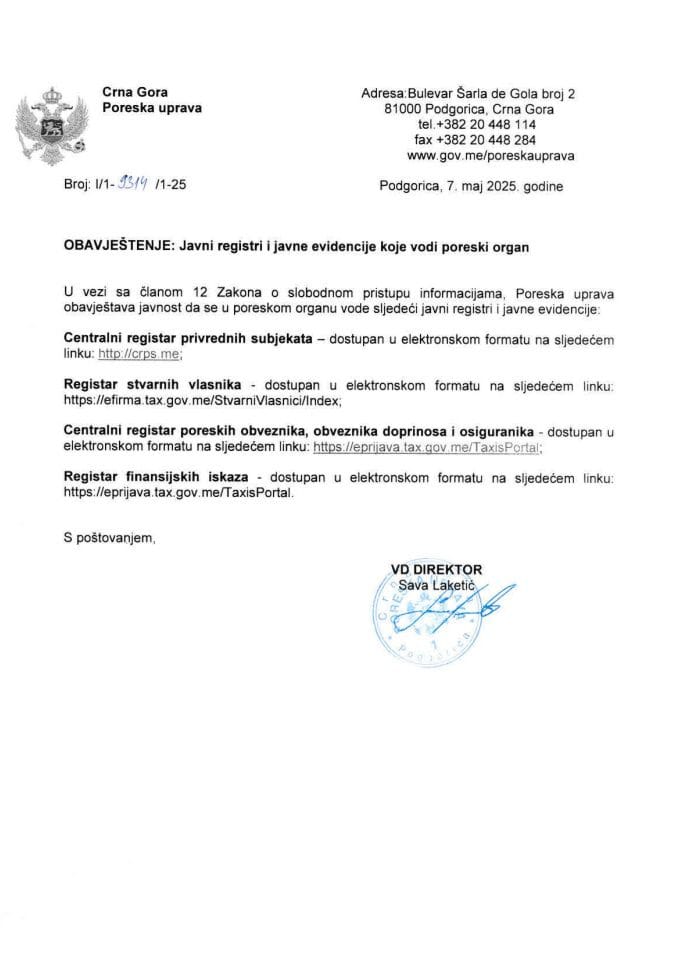 Javne evidencije i javni registri koje vodi poreski organ