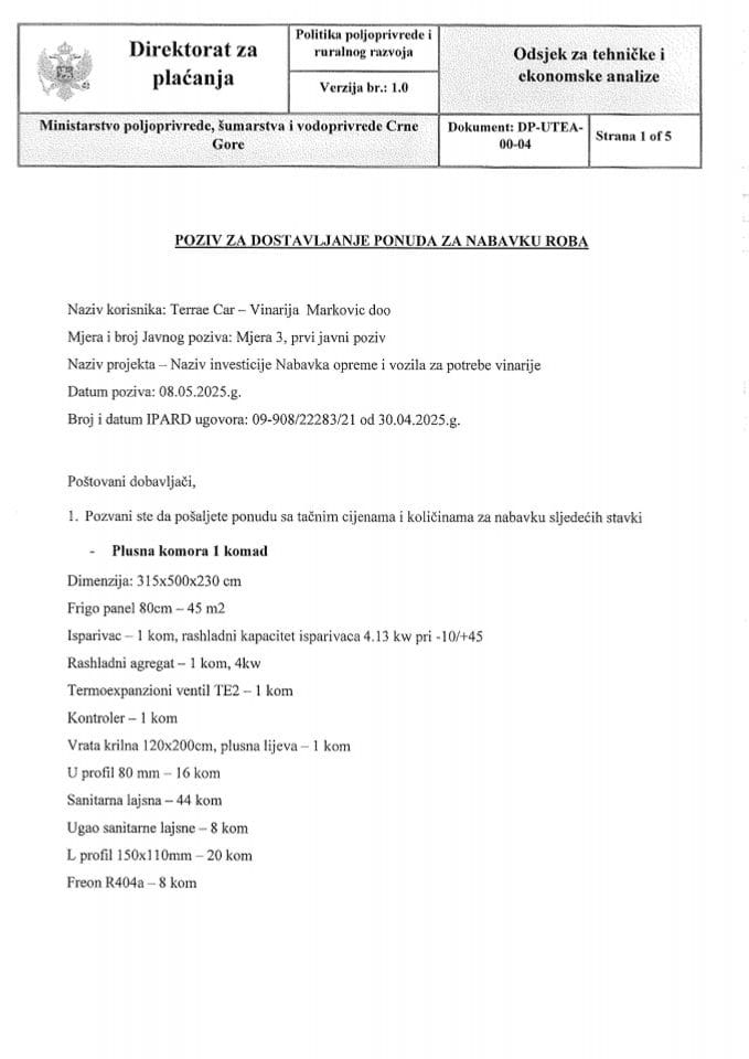 Poziv za dostavljanje ponuda za nabavku roba 