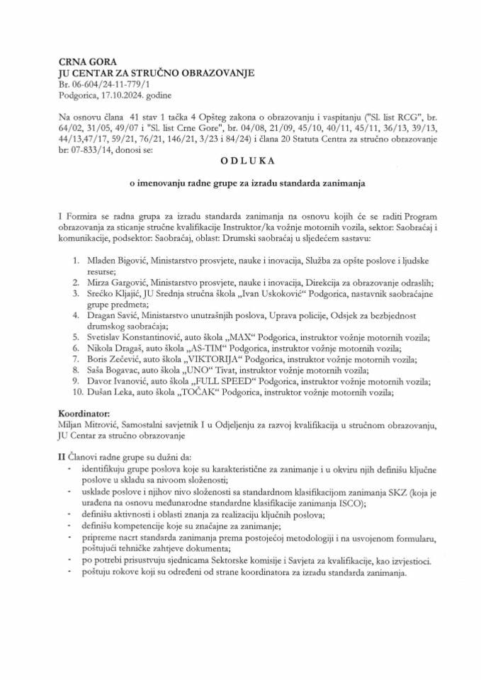 ODLUKA o imenovanju radne grupe za izradu standarda zanimanja - Instruktor-ka vožnje motornih vozila