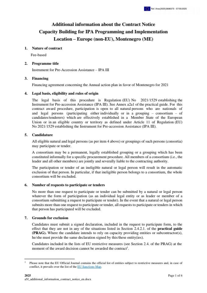 Цапацитy Буилдинг фор ИПА Программинг анд Имплементатион, Аддитионал информатион то тхе Цонтрацт Нотице