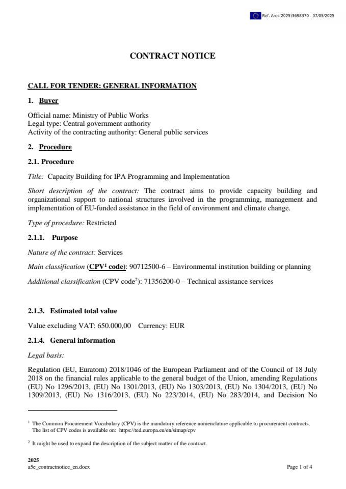 Цапацитy Буилдинг фор ИПА Программинг анд Имплементатион, Цонтрацт Нотице