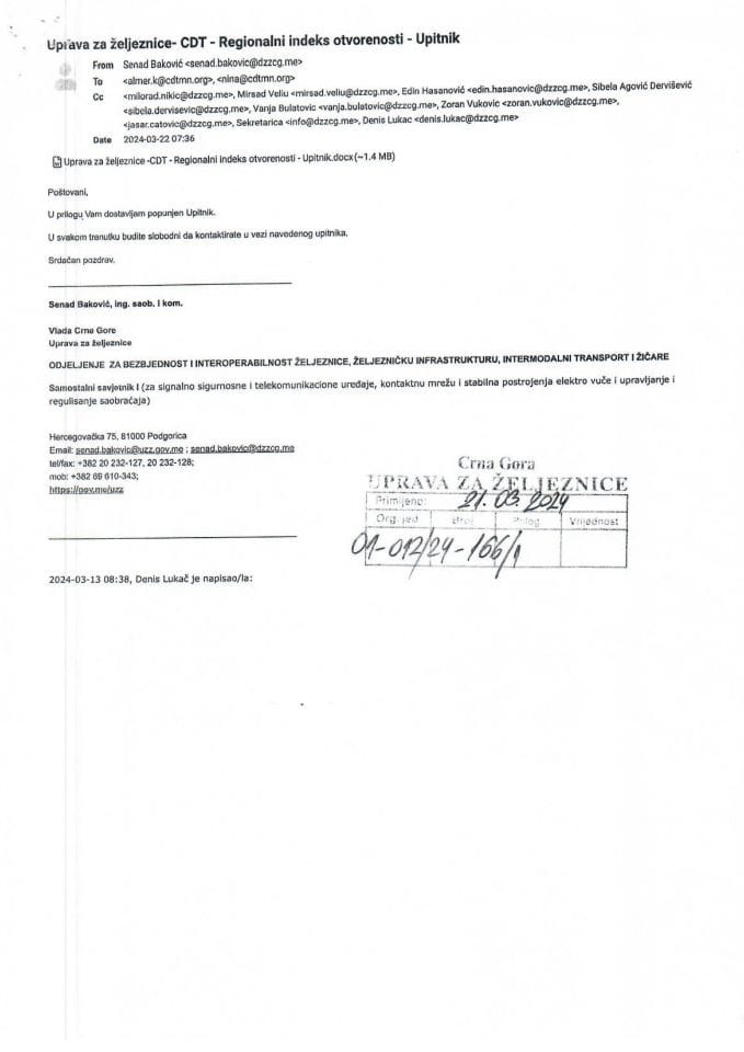 Zahtjev CDT i Odgovor Uprave u vezi upitnika o otvroenosti i transparentnosti institucija vlasti u Crnoj Gori i Regionu Zapadnog Balkana za 2023. godinu