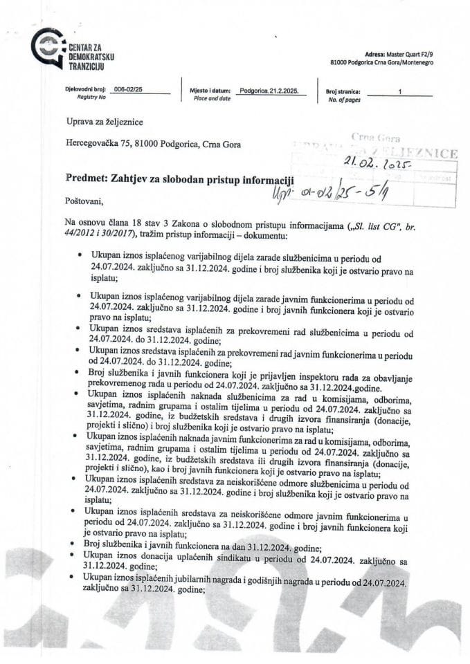 Zahtjev CDT i Odgovor Uprave u vezi isplaćivanja varijabilnoog dijela zarade