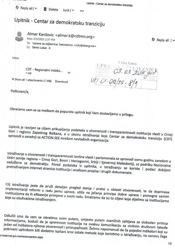 Zahtjev CDT i Odgovor Uprave u vezi upitnika o otvroenosti i transparentnosti institucija vlasti u Crnoj Gori i Regionu Zapadnog Balkana za 2024.godinu