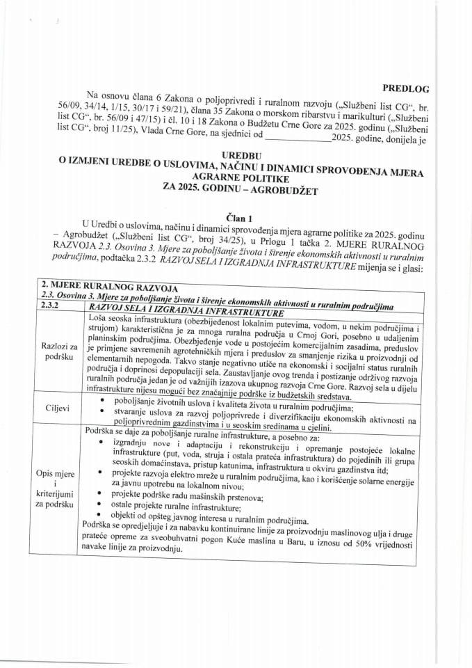 Predlog uredbe o izmjeni Uredbe o uslovima, načinu i dinamici sprovođenja mjera agrarne politike za 2025. godinu – Agrobudžet