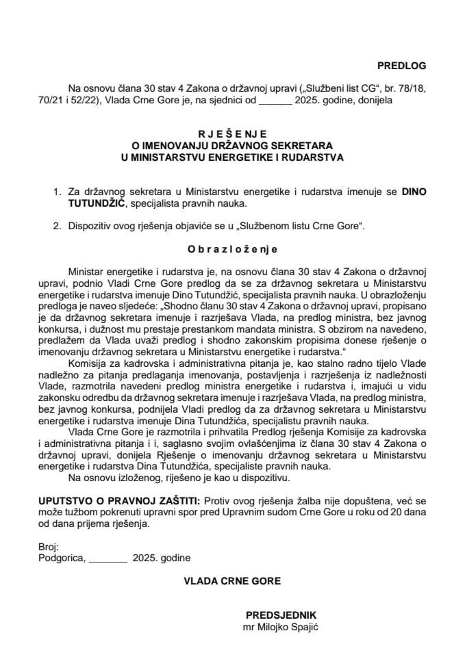 Predlog za imenovanje državnog sekretara u Ministarstvu energetike i rudarstva