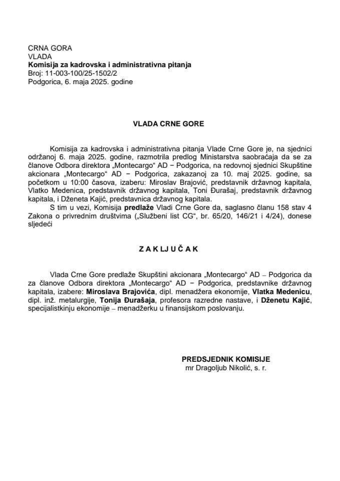 Predlog za izbor članova Odbora direktora „Montecargo“ AD – Podgorica