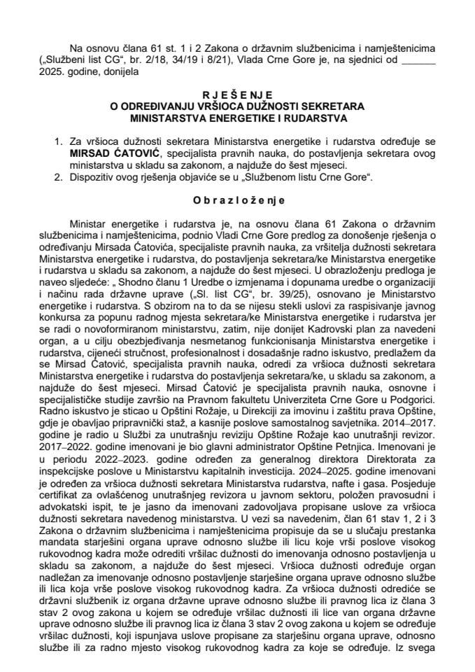 Predlog za određivanje vršioca dužnosti sekretara Ministarstva energetike i rudarstva