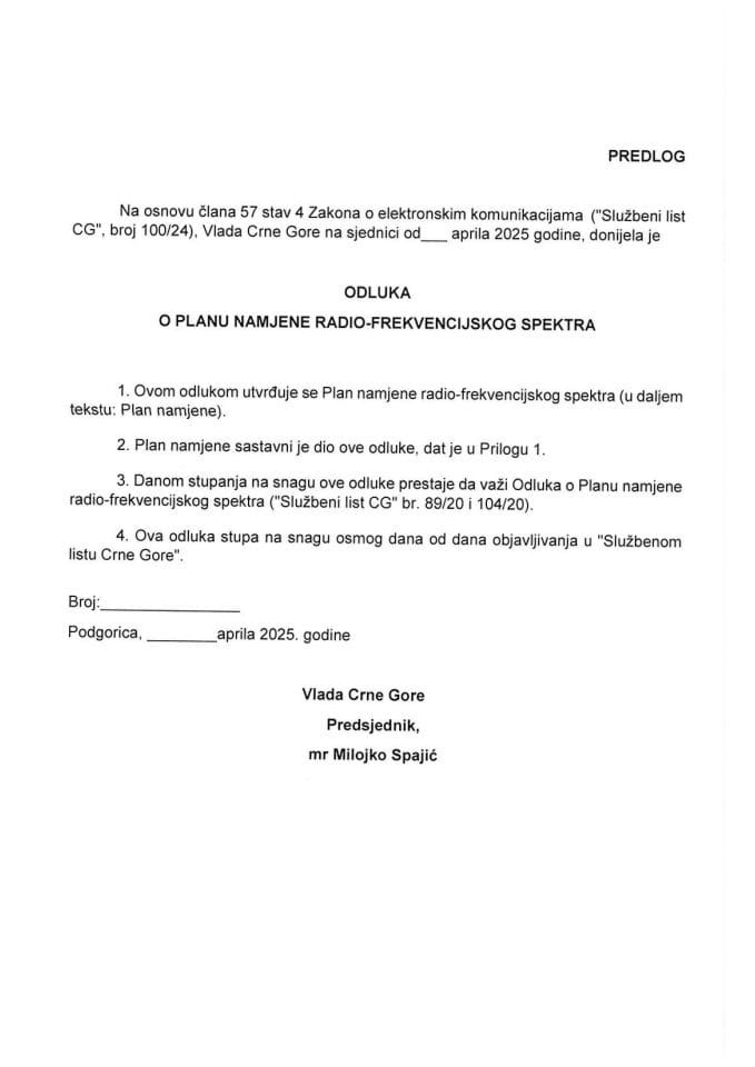 Predlog odluke o Planu namjene radio-frekvencijskog spektra