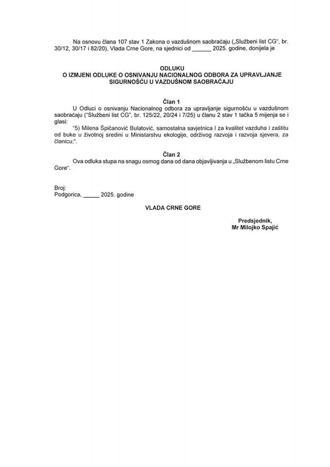 Predlog odluke o izmjeni Odluke o osnivanju Nacionalnog odbora za upravljanje sigurnošću u vazdušnom saobraćaju