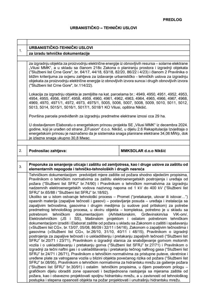 Predlog urbanističko-tehničkih uslova za izradu tehničke dokumentacije za izgradnju solarne elektrane „Vilusi MMK“, po zahtjevu MMKSOLAR d.o.o. Nikšić