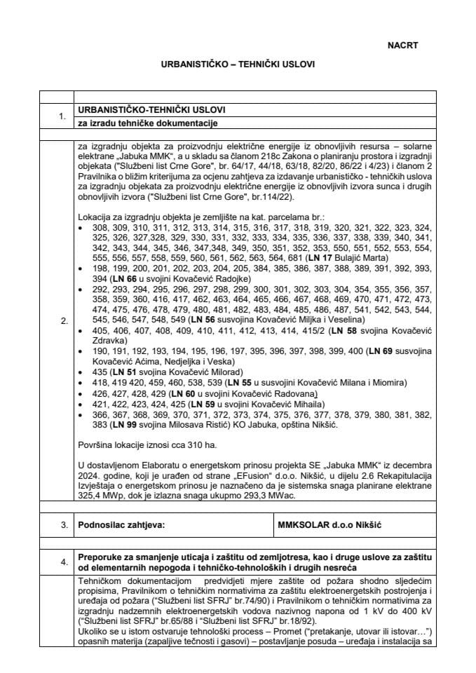 Predlog urbanističko-tehničkih uslova za izradu tehničke dokumentacije za izgradnju solarne elektrane „Jabuka MMK“, po zahtjevu MMKSOLAR d.o.o. Nikšić