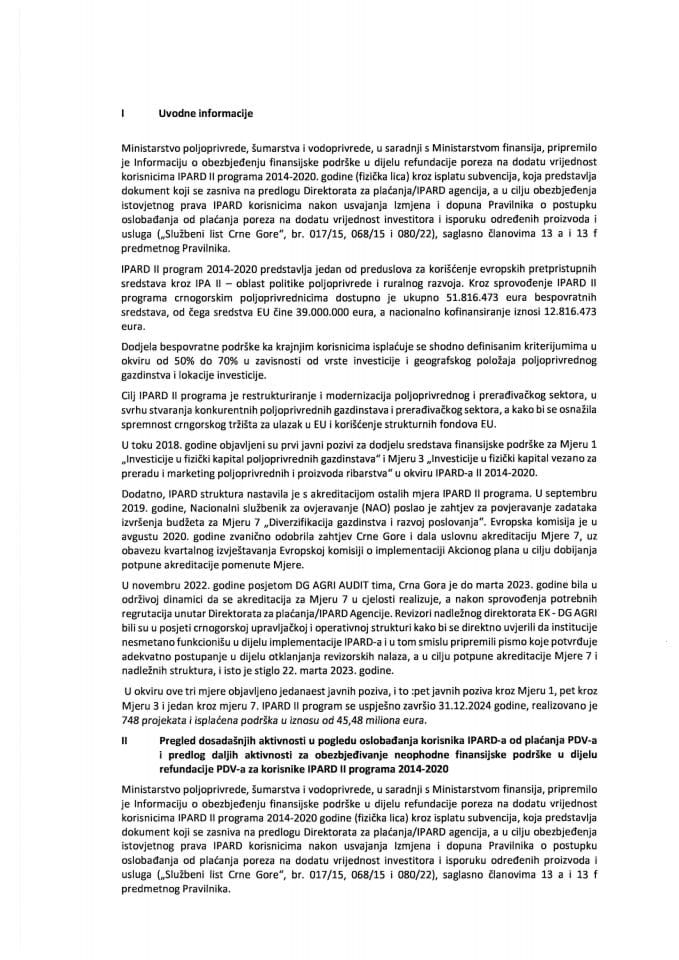 Informacija o potvrdi obezbjeđenja finansijske podrške u dijelu refundacije PDV-a korisnicima IPARD II programa 2014-2020 kroz isplatu subvencija (fizička lica)