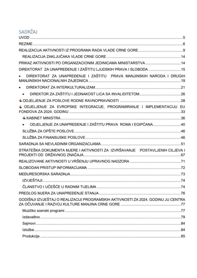 Izvještaj Ministarstva ljudskih i manjinskih prava o radu i stanju u upravnim oblastima sa Godišnjim izvještajem o realizaciji programskih aktivnosti za 2024. godinu JU Centar za očuvanje i razvoj kulture manjina Crne Gore