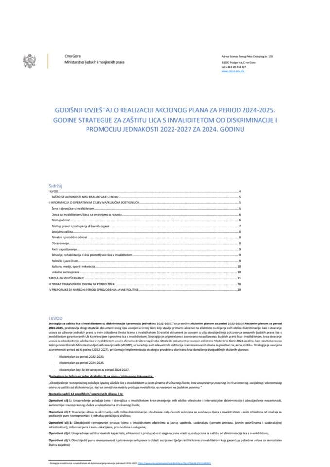 Izvještaj o realizaciji Akcionog plana za sprovođenje Strategije za zaštitu lica sa invaliditetom od diskriminacije i promociju jednakosti (2022 - 2027) za 2024. godinu