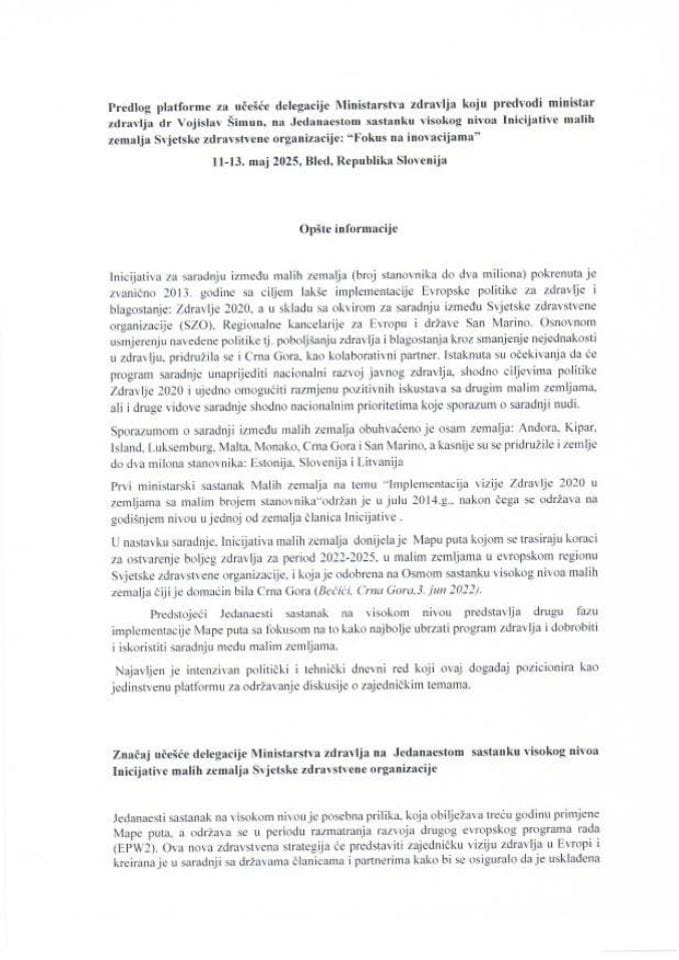 Predlog platforme za učešće delegacije Ministarstva zdravlja koju predvodi ministar zdravlja dr Vojislav Šimun, na Jedanaestom sastanku visokog nivoa Inicijative malih zemalja Svjetske zdravstvene organizacije: „Fokus na inovacijama“, 11-13. maj 2025, Bled